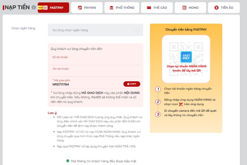 nạp Red88 bằng fastpay